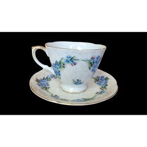 Vintage Saji Japan Fancy China Cup & Saucer Set With Floral Blue Design Gold Tri